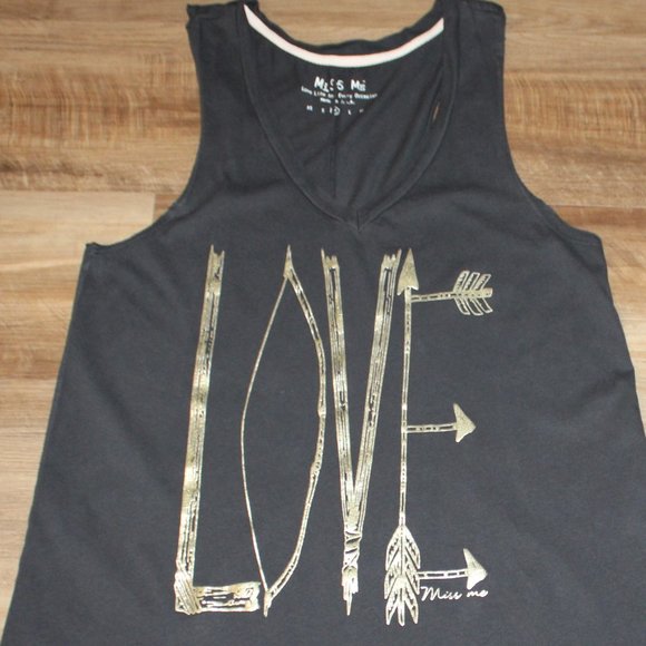 MISS ME * THE BUCKLE Size MED Gray Gold "LOVE" Low Cut V-Neck HI-LO Tunic Tank - Picture 2 of 13